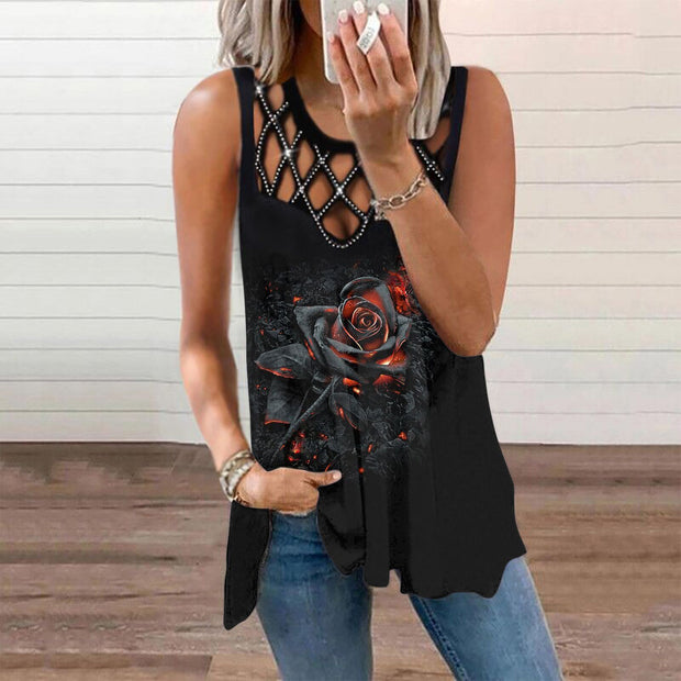 Women's Hollowed Out Hot Drilled Sleeveless Vest Print Tshirt