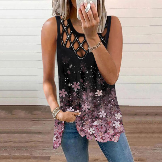 Women's Hollowed Out Hot Drilled Sleeveless Vest Print Tshirt